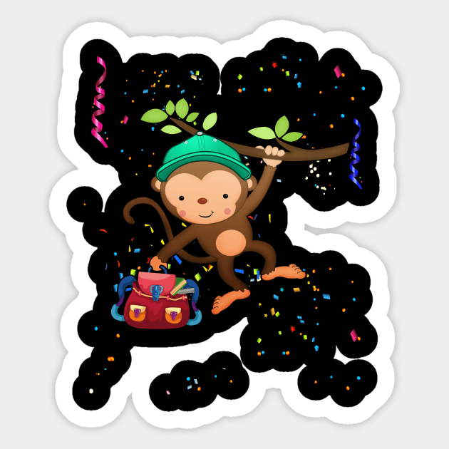 Monkey with basecap on a branch with a backpack Sticker by Shirtjaeger